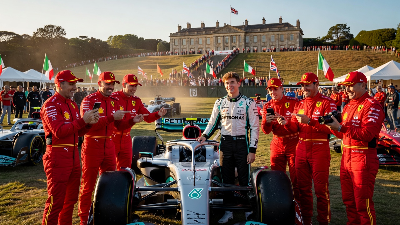 Mercedes provoca Ferrari com foto de Antonelli cercado por funcionários da Scuderia em Goodwood